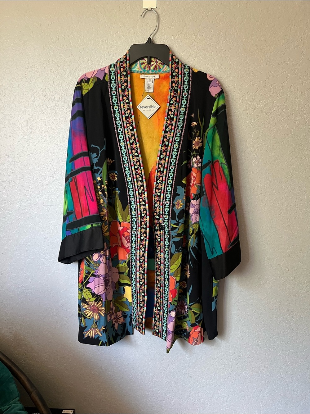 John Mark Floral Reversible Kimono Jacket with Multicolor Trim NWT